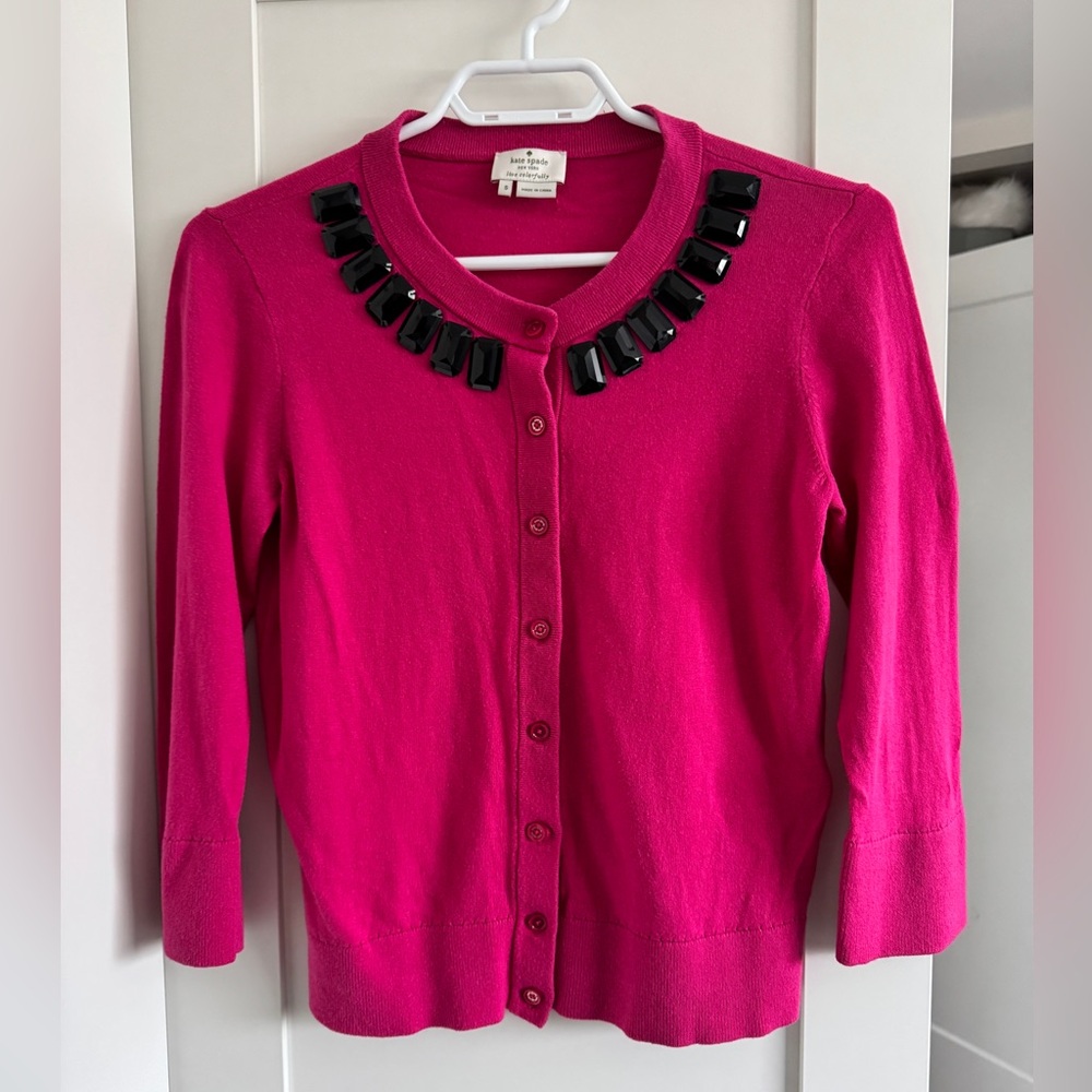 KATE SPADE Cashmere Blend Hot Pink Bejewelled Cardigan Size Small